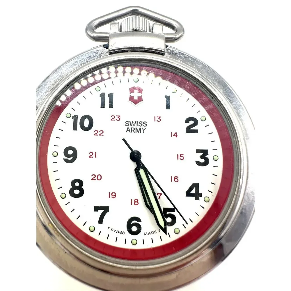 Swiss Army Victorinox silver tone quartz 48mm pocket watch brown leather case
